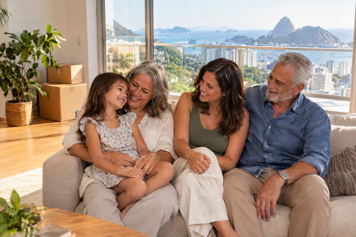 Família de três gerações sentada no sofá de um apartamento novo com vista para o Rio de Janeiro