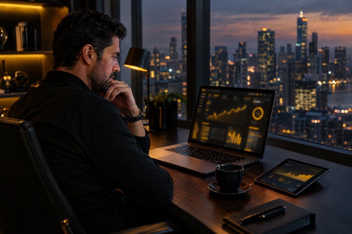 Investidor brasileiro analisando a carteira no laptop num home office com vista para uma cidade americana à noite