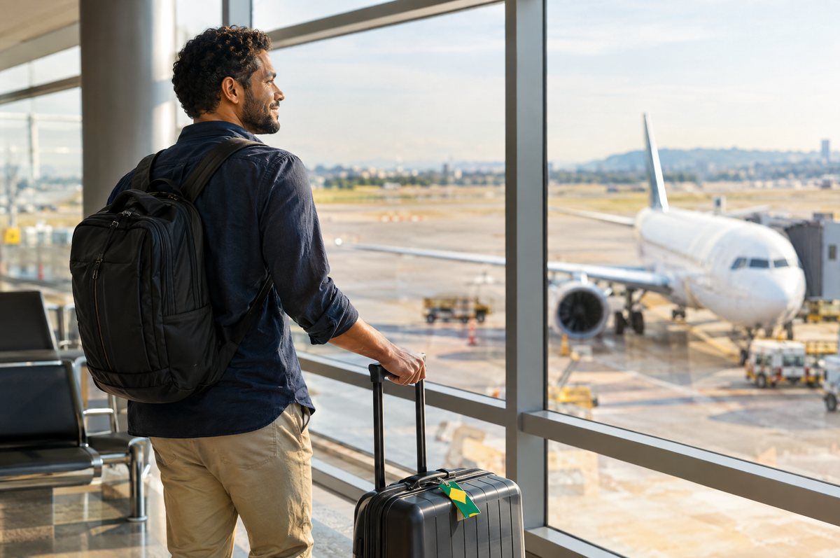 Brasileiro com mochila e mala no portão de embarque de um aeroporto, olhando o avião pela janela
