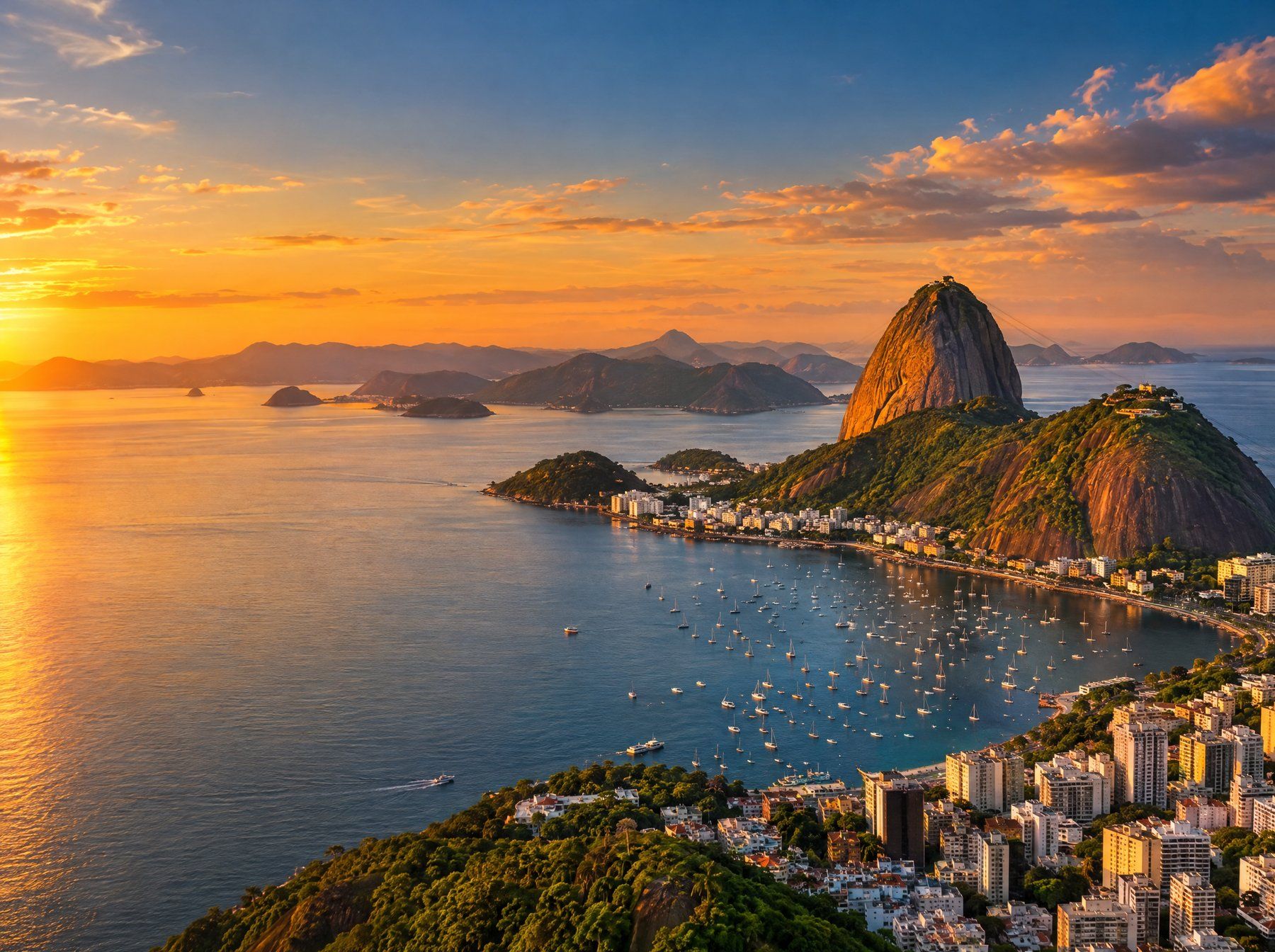 Vista aérea do Rio de Janeiro ao entardecer, com o Pão de Açúcar e a enseada de Botafogo